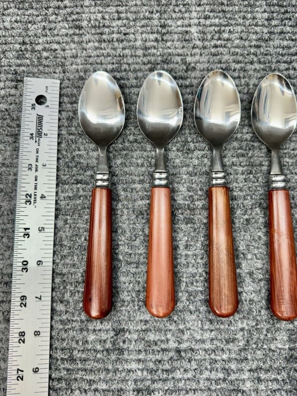 Faberware Silverware Lot Of 6 Spoons Faux Wood Brown Handle Set Oval Vintage - Picture 5 of 7